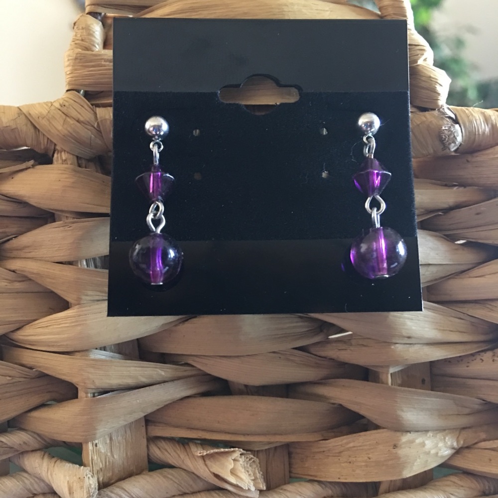 Purple glass bead silver tone dangle earrings